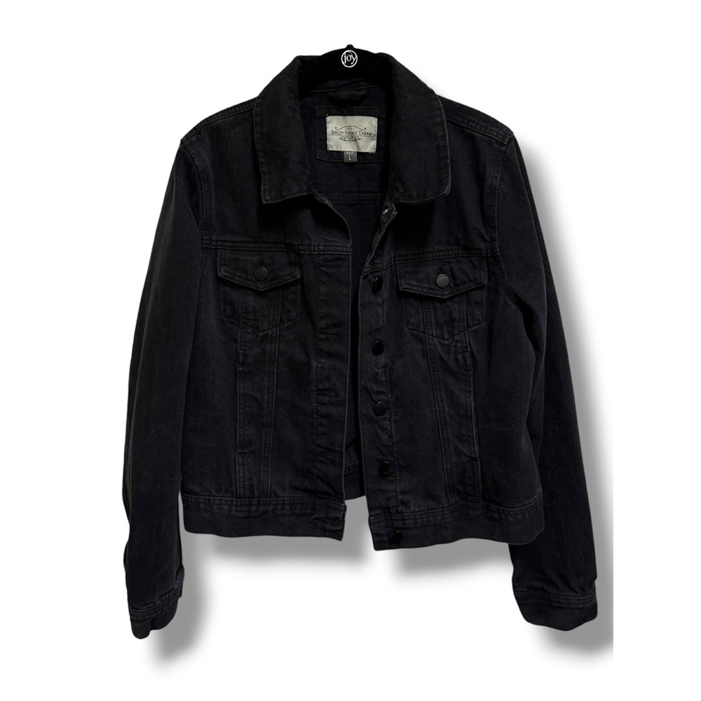 Ashley Vintage Charm Black Denim Trucker Jacket Women L Button Front Jean Jacket